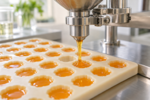 Gummy candy mixture being deposited into molds